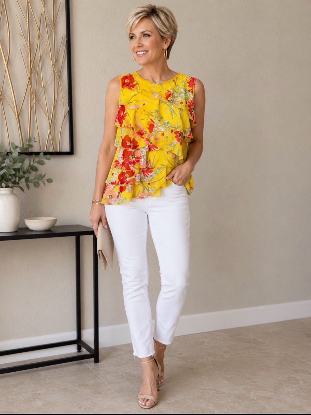 SPENCE Yellow Floral Ruffled Blouse